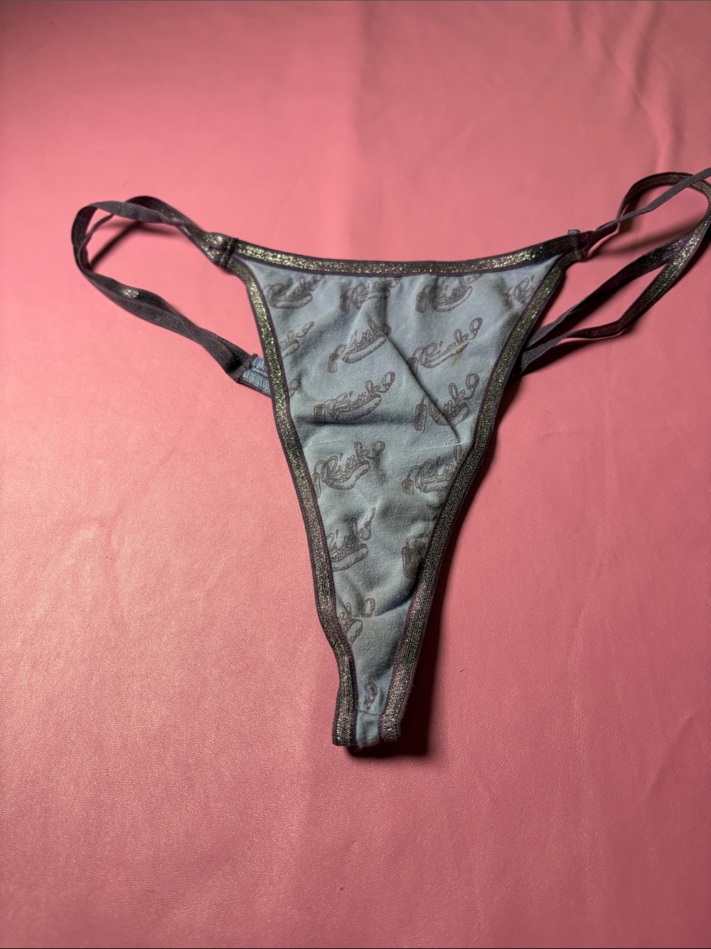PINK Victoria's Secret Blue Logo Thong with Black Trim